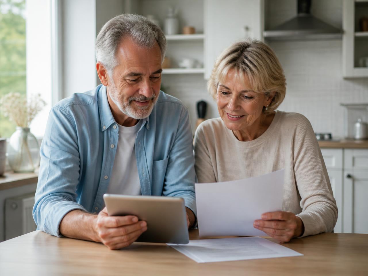 Couple de retraités comparant les offres de mutuelle santé senior à la maison