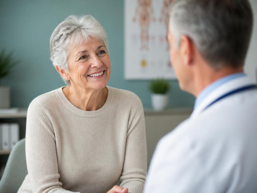 Femme senior souriante en consultation médicale